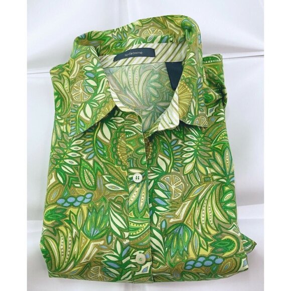 Liz Claiborne Sz 14 Colorful Green l Button Up Shirt Blouse Top Floral Print Art - Picture 5 of 8
